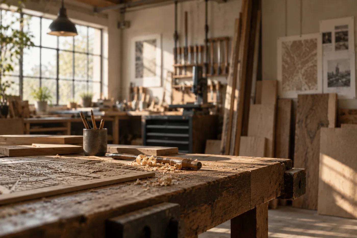 A sunlit woodshop with a worn workbench, carving tools and boards of pale wood