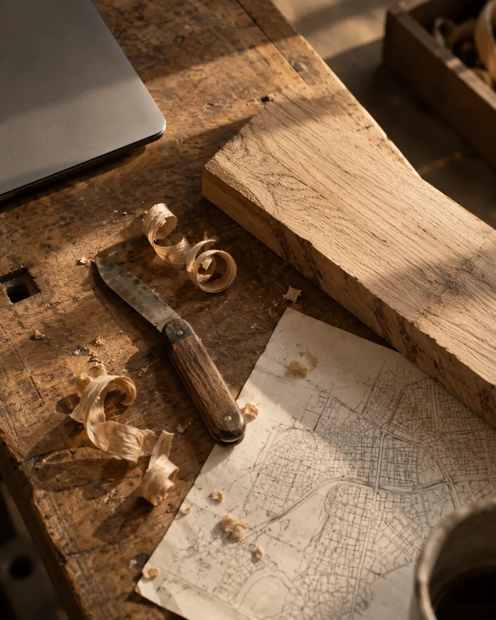 A pocketknife, wood shavings, a block of oak and a hand-drawn street map on a worn workbench