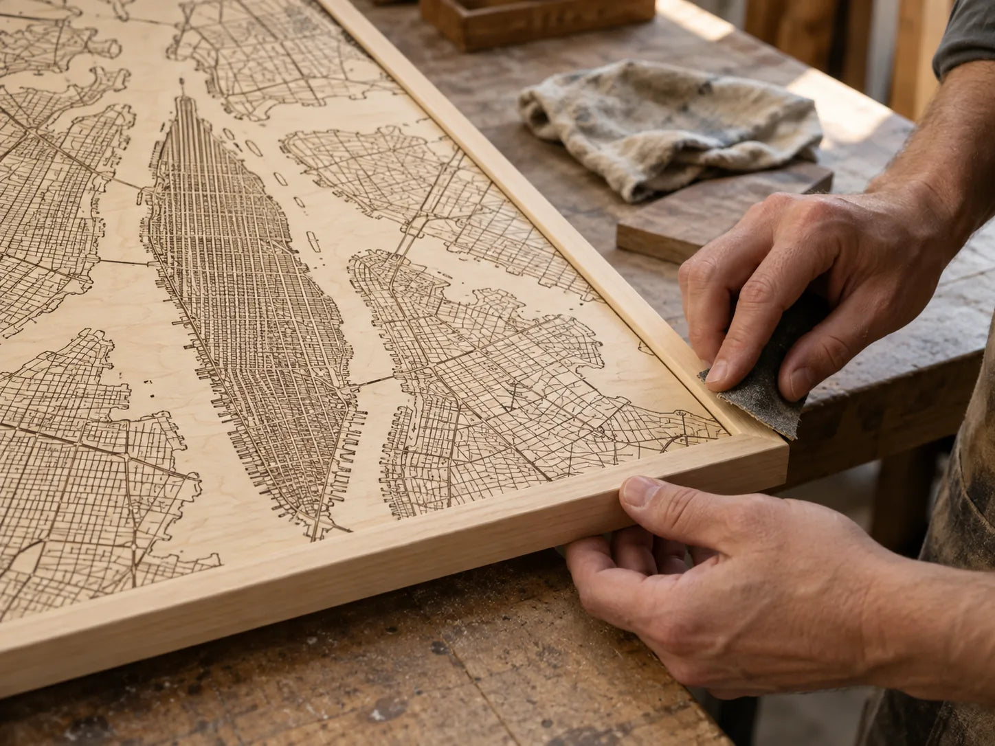 An engraved wooden city map in a pale frame on a workbench